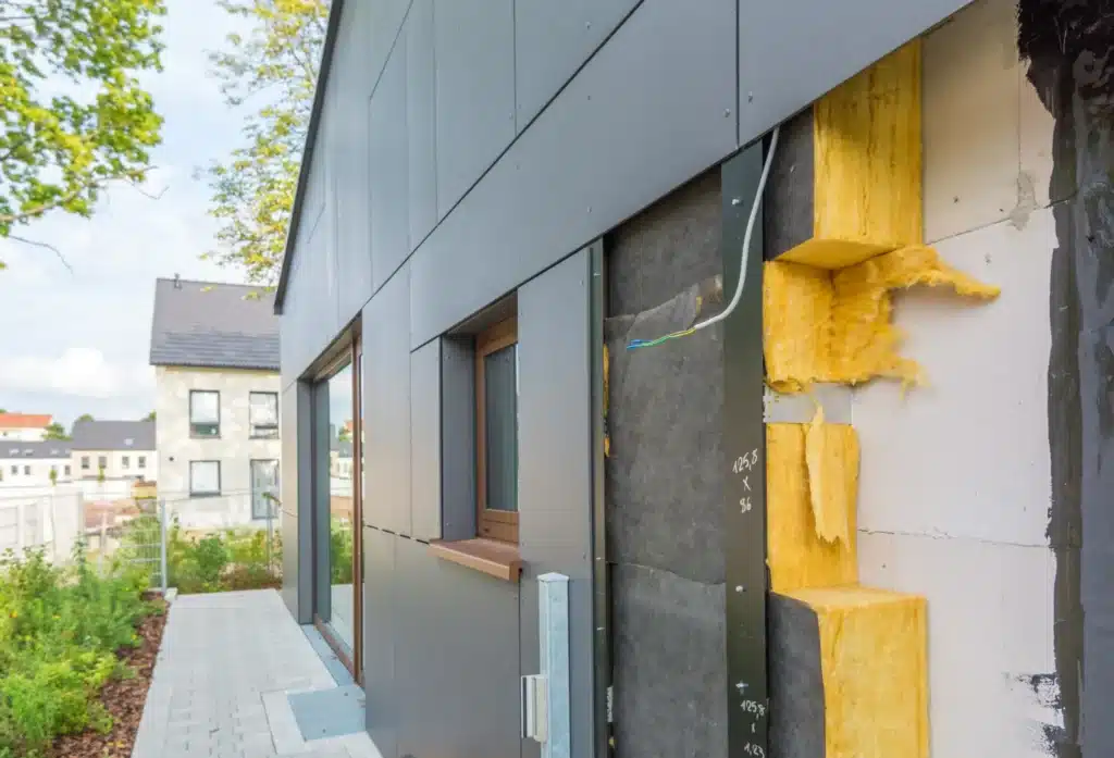 Vue rapprochée d'une façade avec isolation extérieure, montrant des panneaux isolants et un revêtement moderne.