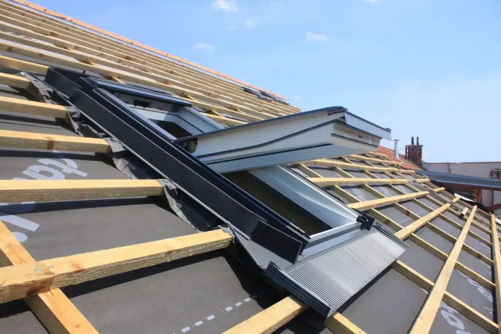 Installation d'une fenêtre de toit Velux avec travaux de zinguerie sur une toiture en rénovation pour améliorer la luminosité intérieure. ​​